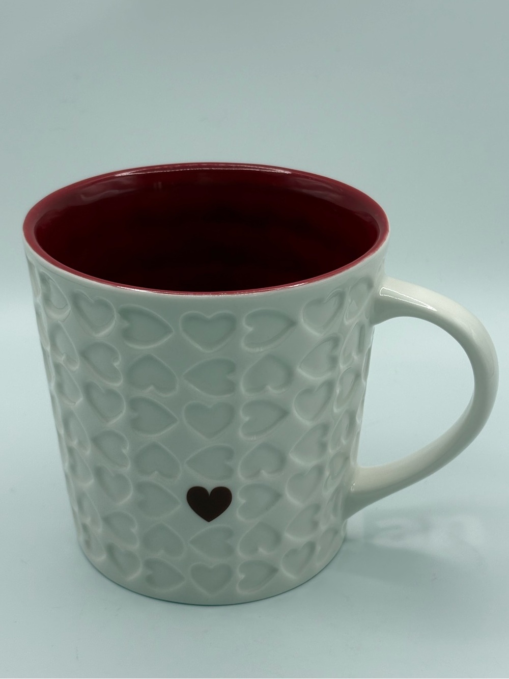 2007 Starbucks Embossed Heart Coffee Mug, 16oz. Glossy Finish, Red Interior